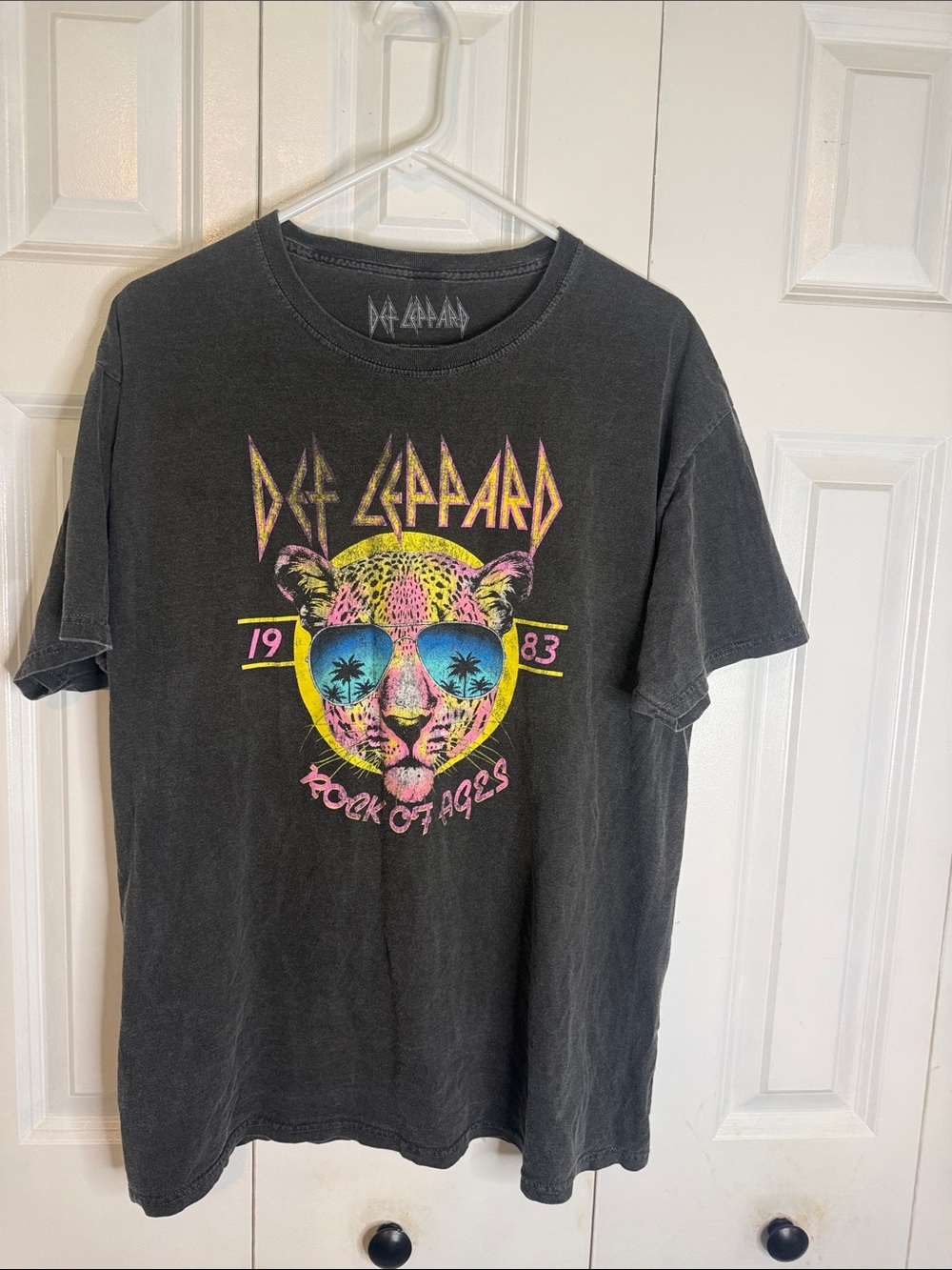 Def Leppard Black Graphic Cat Tee - Neon Leopard Design